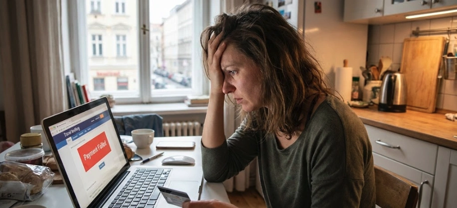 Frustrated traveler looking at a laptop screen showing payment failed on the Indonesia Simponi or Love Bali website.