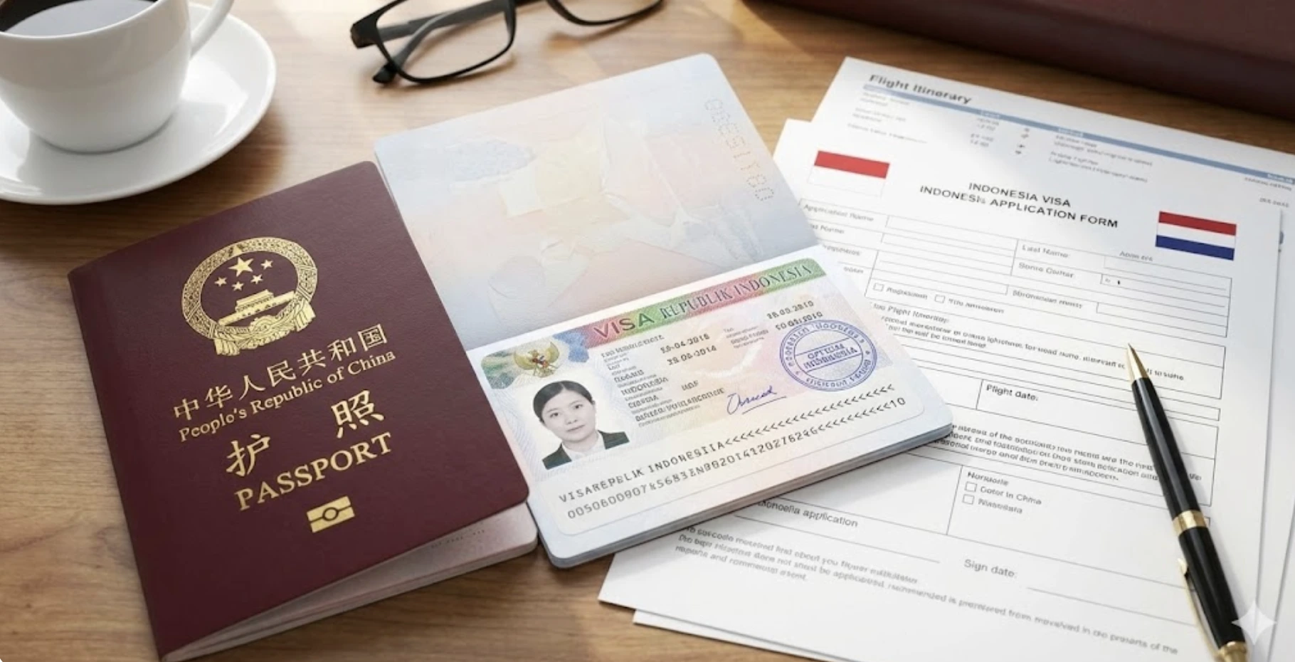 中国护照与印尼签证文件摆放在桌面上